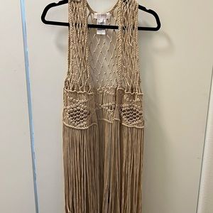 Shyanne Macrame Fringe Vest, Size XS, color Taupe